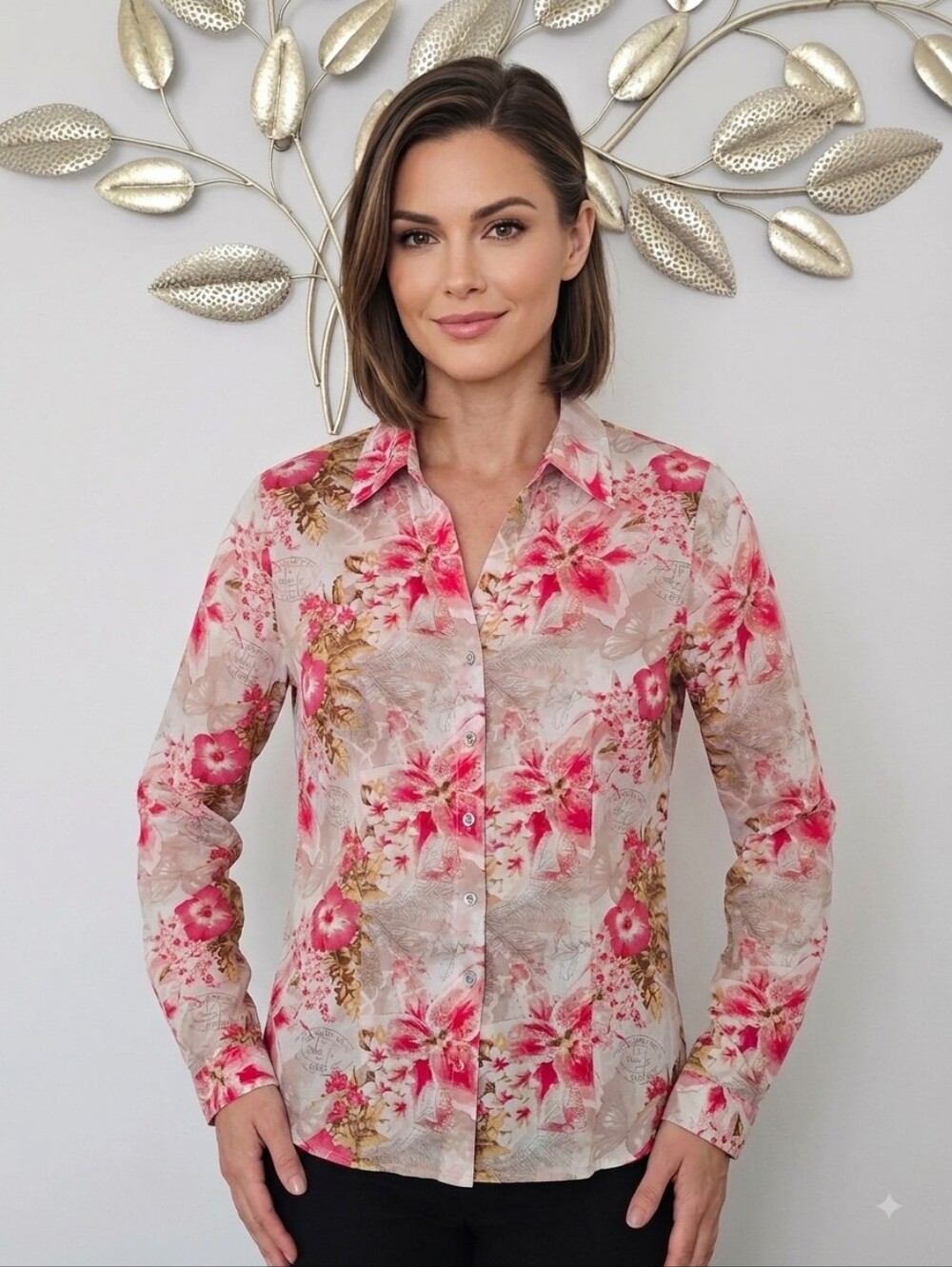 Liu Jo Floral Button-Up Blouse in Pink, Cream, and Tan Size L Cotton Y2K